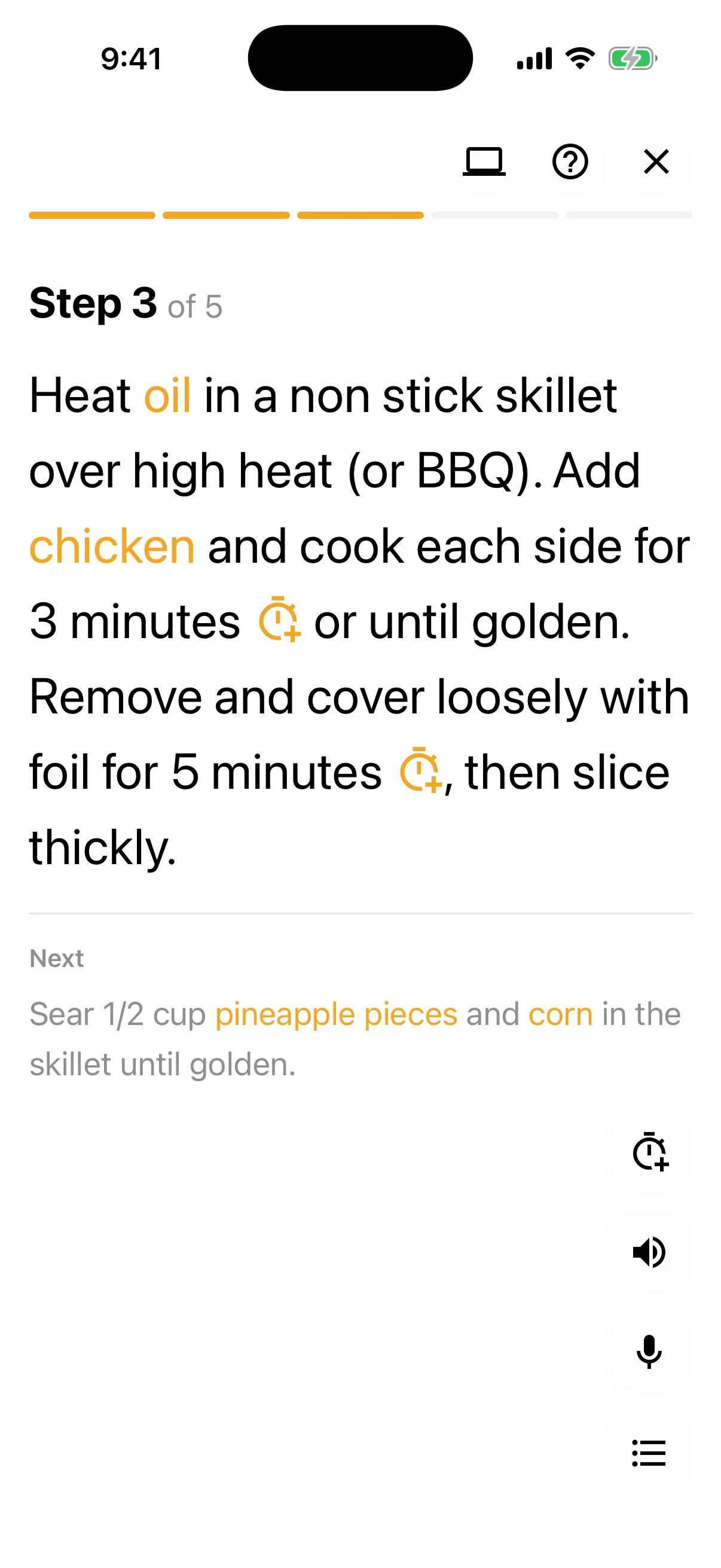 Cooking mode on step 3 of 5, searing the chicken
