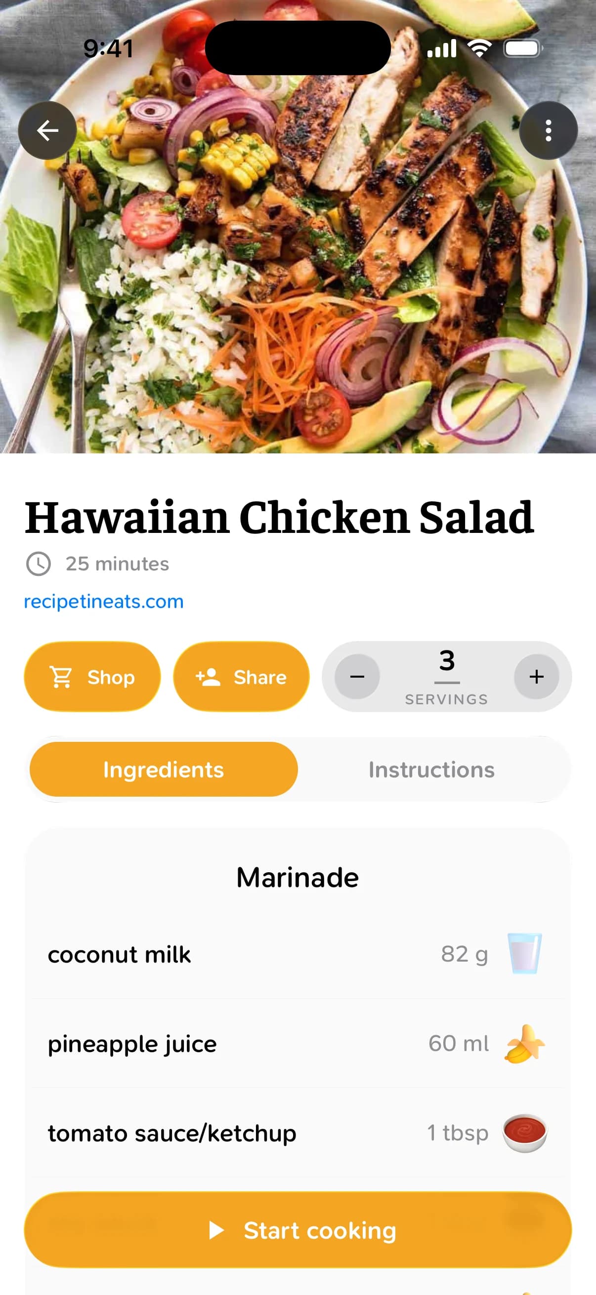 The Hawaiian Chicken Salad recipe in CookinBuddy: photo, 25 minutes, Shop and Share buttons, servings set to 3, and the marinade ingredients