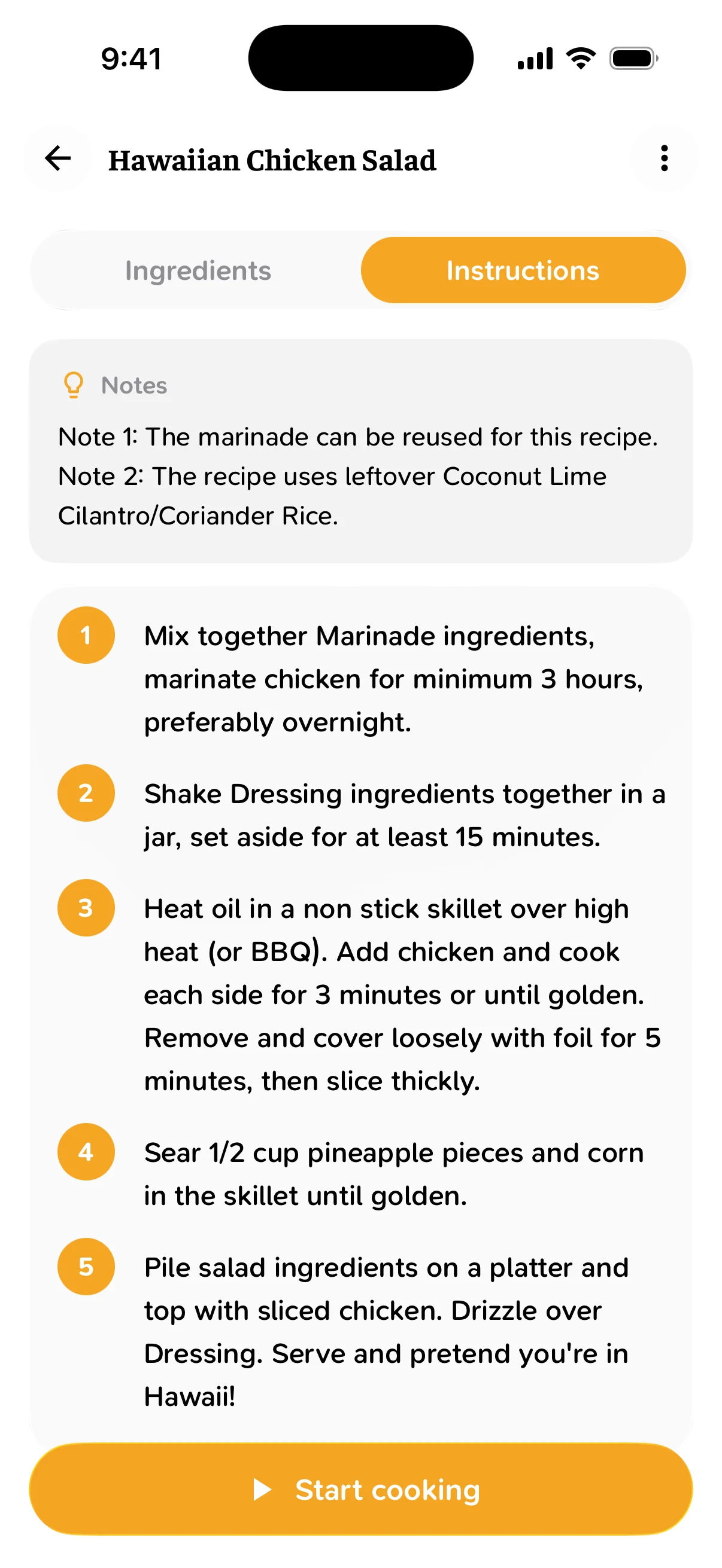 The Hawaiian Chicken Salad instructions in CookinBuddy: a note on the marinade and five numbered steps, with a Start cooking button