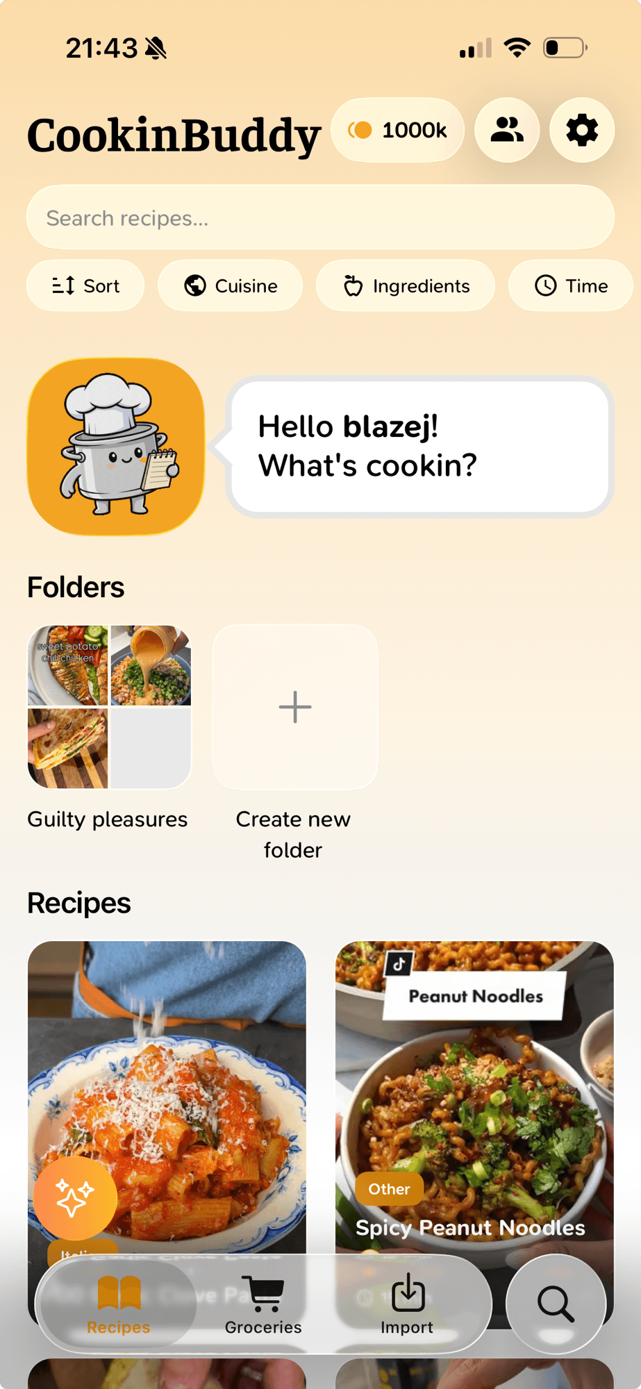 CookinBuddy home screen with your recipe folders and saved recipes