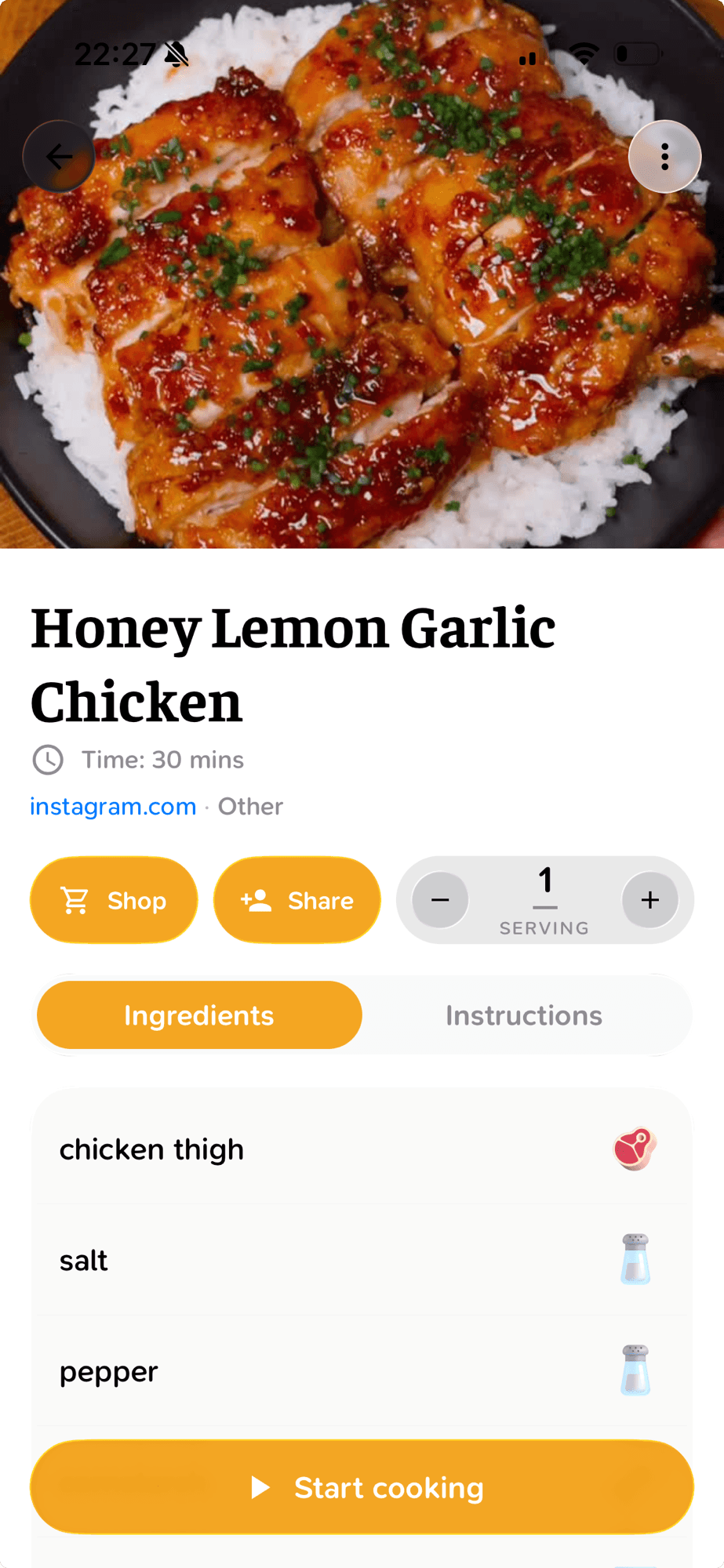 A saved recipe in CookinBuddy with ingredients, servings, and a Start cooking button