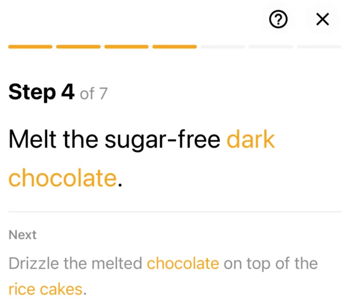 Cook mode shows one step at a time in large type, with the next step underneath