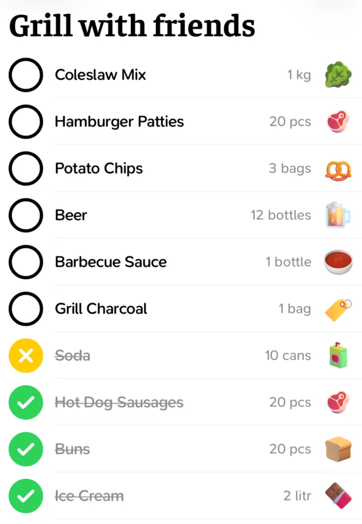 A shared grocery list in CookinBuddy, with items ticked off as they go in the basket