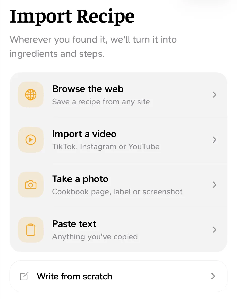 CookinBuddy's Import screen: browse the web, import a TikTok, Instagram or YouTube video, take a photo, or paste text