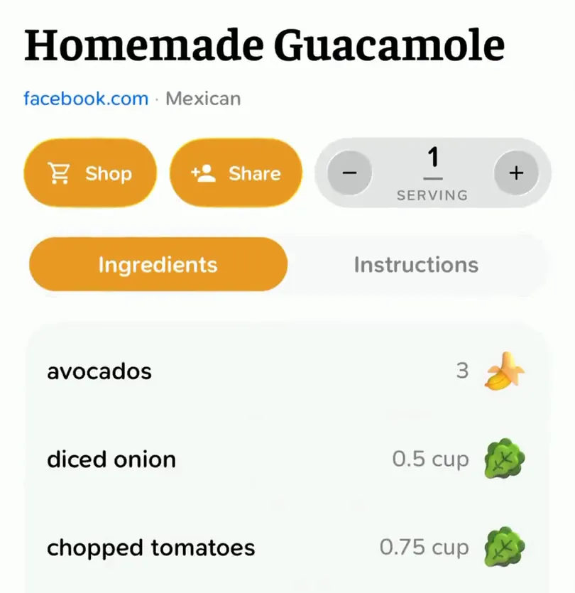 The guacamole reel as a recipe: ingredients with amounts, a servings control, and a Shop button for the grocery list