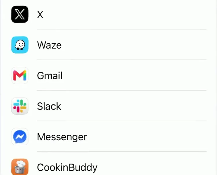 The iPhone share sheet's app list. If CookinBuddy isn't in the top row, scroll down and it's at the bottom
