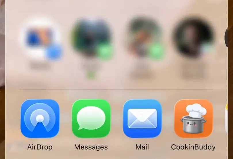Sharing a reel from Instagram: CookinBuddy sits in the iPhone share sheet next to AirDrop, Messages and Mail