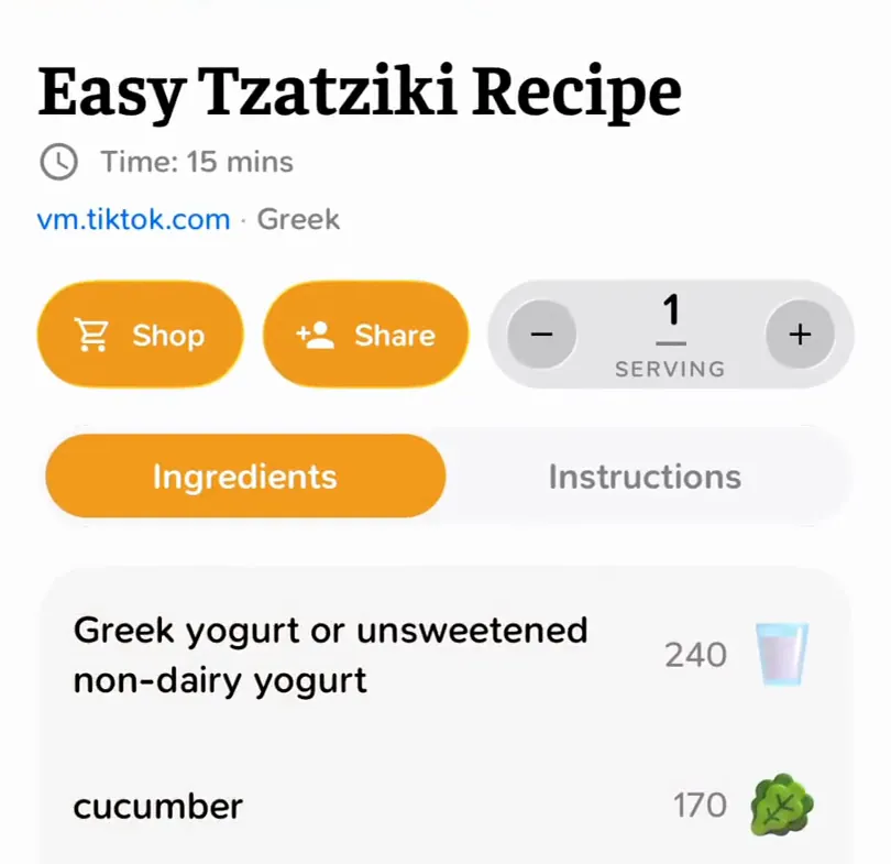 The tzatziki TikTok as a recipe: yogurt, cucumber and herbs listed with amounts, ready to scale or shop