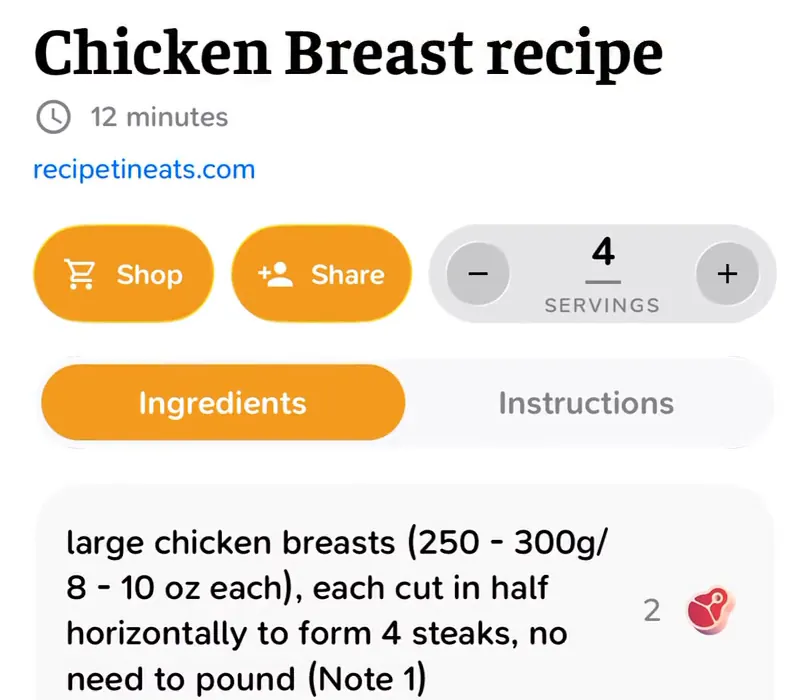 The servings control on a recipe in CookinBuddy, here set to 4. The ingredient amounts below follow it
