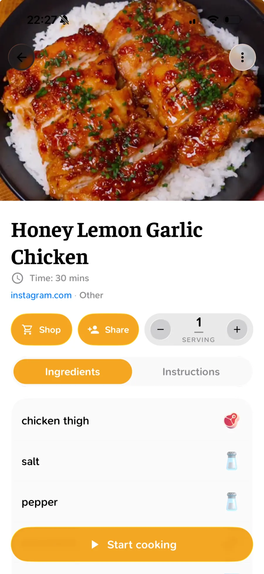 A saved recipe in CookinBuddy, with the ingredients pulled out of the post into a list you can scale and shop from